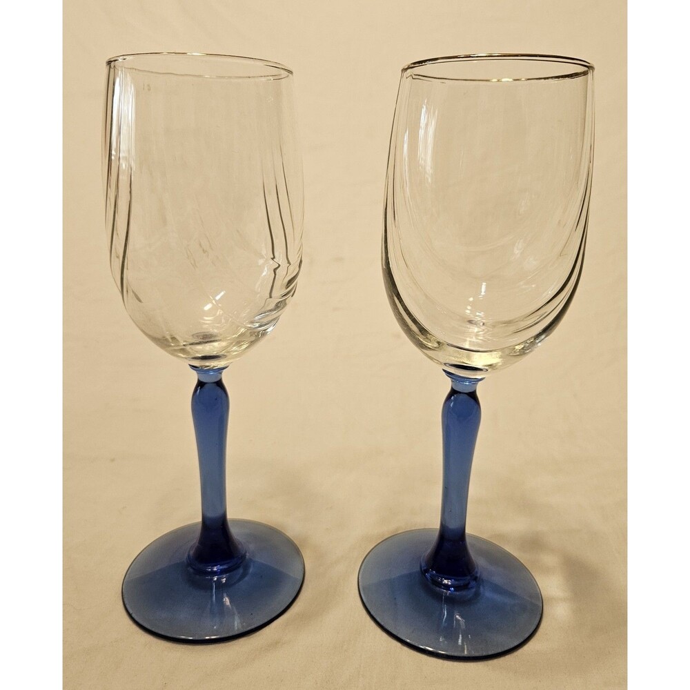 Cobalt Blue Stem Wine Glasses Goblets 8” Swag Drape Gold Rim 8 oz set of 2 EUC